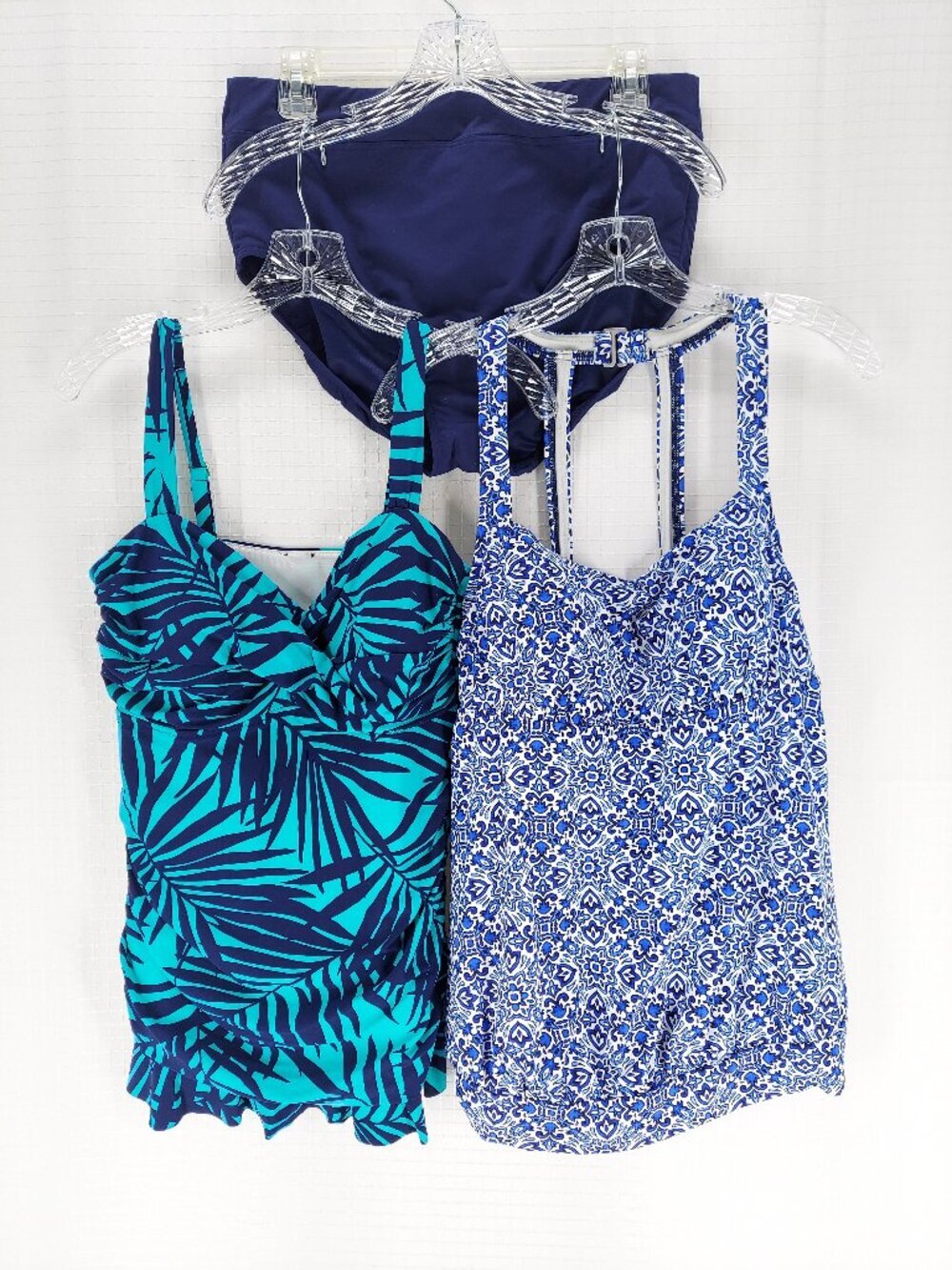 Lands' End Tropical / Mosaic Swim Tops & Solid Navy High-Waisted Swim Bottom
